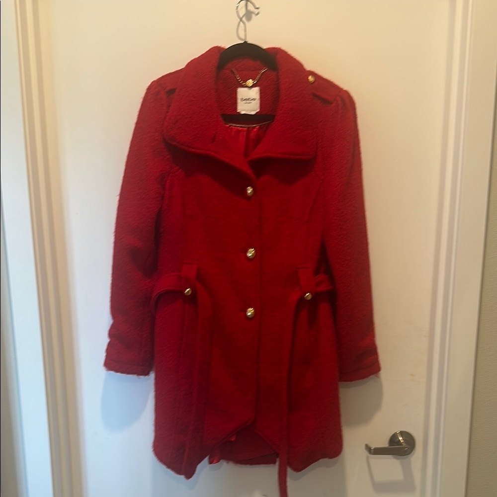 Vintage Bebe Red Wool Blend Dress Coat with convertible collar and Belt